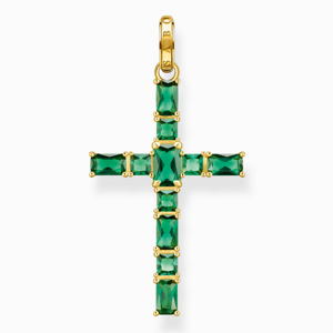THOMAS SABO přívěsek Cross with green stones gold PE939-472-6