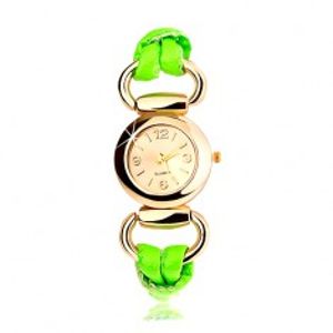Analogové hodinky, kulatý ciferník zlaté barvy, latexový zelený řemínek X33.14