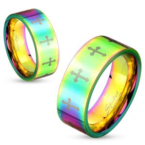 Barevný ocelový prsten s lesklým povrchem a křížky stříbrné barvy, 6 mm - Velikost: 52