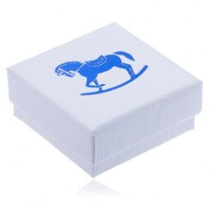 Bílá vroubkovaná dárková krabička, modrý houpací koník Y3.12