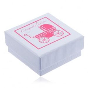 Bílá vroubkovaná krabička na šperk s růžovým dobovým kočárkem Y25.7