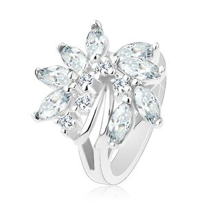 Blýskavý prsten, stříbrný odstín, nesouměrný květ ze zirkonů, lesklé obloučky - Velikost: 54, Barva: Světlemodrá