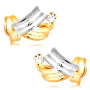 Briliantové zlaté náušnice 14K - lesklé dvoubarevné oblouky, čirý kulatý diamant