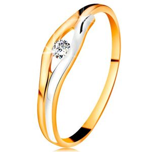 Briliantový prsten ve 14K zlatě - diamant v úzkém výřezu, dvoubarevné linie - Velikost: 51