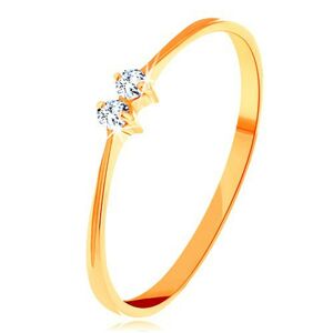 Briliantový zlatý prsten 585 - tenká lesklá ramena, dva zářivé čiré diamanty - Velikost: 55