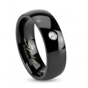 Černý ocelový prsten, lesklá zaoblená ramena, čirý zirkonek, 6 mm M01.23