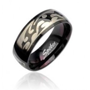 Černý ocelový prsten se vzorem Tribal ve stříbrné barvě D16.6/D17.6