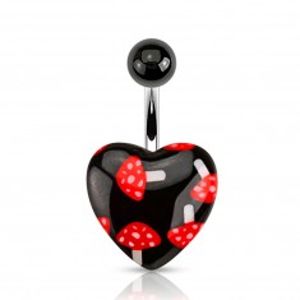 Černý piercing do bříška z oceli, kulička, srdce - červené muchomůrky PC05.23