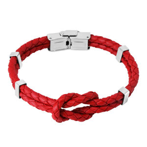 Červený kožený náramek - uzel ze dvou pletenců, kovové svorky, hodinkové zapínání