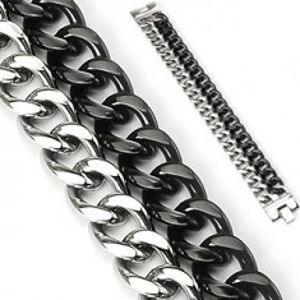 Mohutný náramek z oceli - dva řetězy, černo-stříbrné barevné provedení