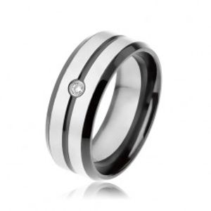 Černý prsten z oceli 316L, matné pásky stříbrné barvy, čirý zirkon SP62.28