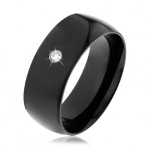 Černý ocelový prsten, lesklý vypouklý povrch, kulatý čirý zirkon HH10.16