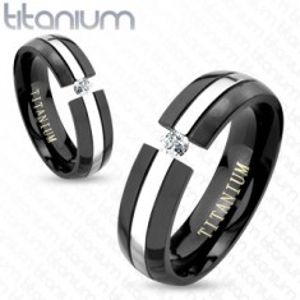Černý titanový prsten, zaoblený povrch, pás stříbrné barvy, zirkon, 6 mm HH16.3