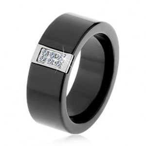 Černý keramický prsten s hladkým povrchem, ocelový obdélník se zirkony H1.1