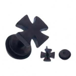 Černý ocelový fake piercing do ucha, lesklý maltézský kříž W05.01