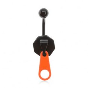 Černý ocelový piercing do pupíku, zip s neonově oranžovým jazýčkem S58.23