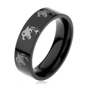 Černý ocelový prsten, potisk s vlky stříbrné barvy, 6 mm H6.07
