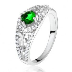 Čirý zirkonový prsten se zeleným kamínkem, vážky, stříbro 925 U17.16