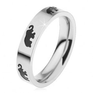 Dětský ocelový prsten stříbrné barvy, černí glazovaní sloni, vysoký lesk H3.7