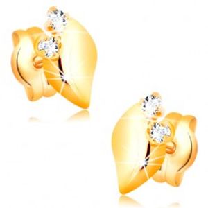 Diamantové náušnice ze žlutého 14K zlata - dva čiré brilianty, lesklý lísteček BT501.21