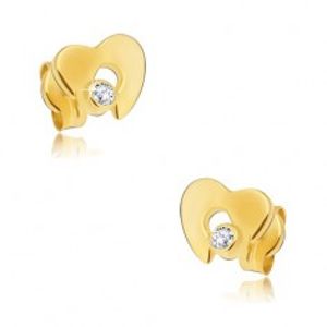 Diamantové zlaté náušnice 585 - lesklé srdce s výřezem a čirým briliantem BT501.83