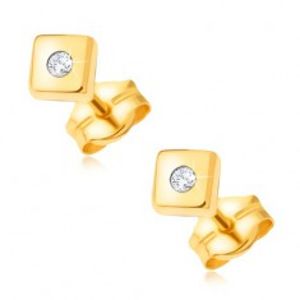 Diamantové zlaté náušnice 585 - lesklé čtverce s drobným čirým briliantem uprostřed BT500.08