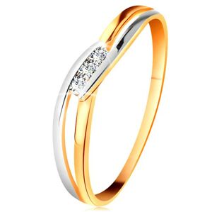Diamantový prsten ze 14K zlata, tři čiré brilianty, rozdělená zvlněná ramena - Velikost: 47