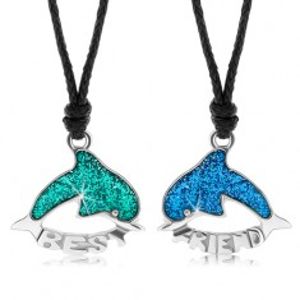 Dva šňůrkové náhrdelníky, zelený a modrý delfín, glazura, BEST FRIEND Z2.2