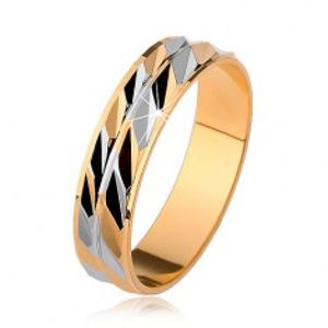 Dvoubarevný blýskavý prsten se šikmými zářezy, zlatá a stříbrná barva R25.19