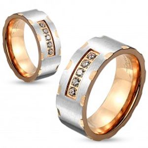 Dvoubarevný ocelový prsten, stříbrný a měděný odstín, zářezy, čiré zirkony, 6 mm M02.15