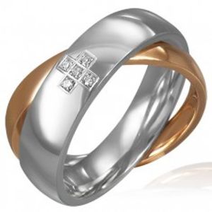 Dvojitý ocelový prsten - zirkonový kříž, zlatý a stříbrný F8.10
