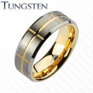 Dvoubarevný prsten z wolframu, zlatý a stříbrný odstín, zářezy, 8 mm Z37.9