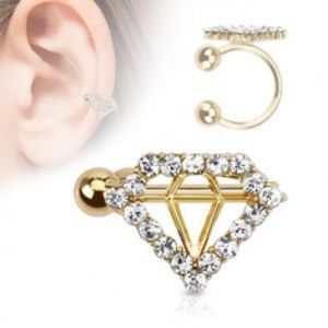 Fake piercing do ucha, zlatá barva, kuličky, obrys diamantu s čirými zirkony SP52.28