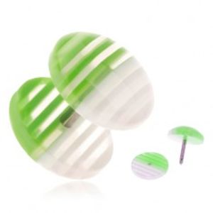 Fake plug z akrylu, průhledná kolečka s bílými a zelenými proužky PC27.02