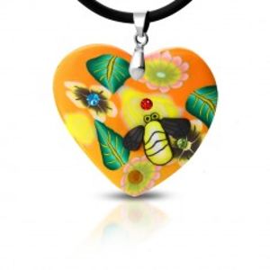 Fimo náhrdelník - oranžové srdce s květy a včelkou S17.24