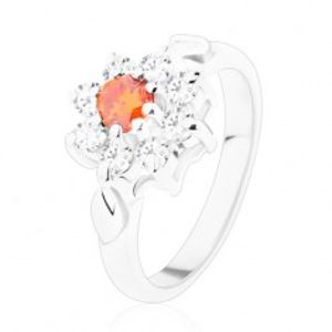Třpytivý prsten s kvítkem a lístečky, zirkony v oranžové a čiré barvě V04.28