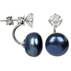 JwL Luxury Pearls Stříbrné náušnice s pravou modrou perlou a krystalem 2v1 JL0225