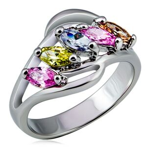Kovový prsten, rozvětvená ramena s barevnými zirkony v řadě - Velikost: 50