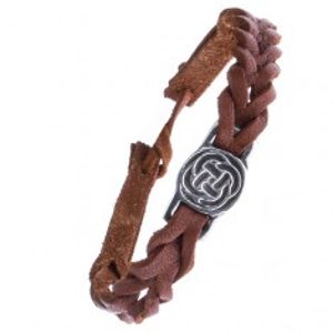 Kožený karamelově hnědý náramek - pletenec, keltský uzel v kruhu Z14.10