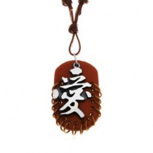 Kožený náhrdelník, přívěsky - hnědý ovál s kroužky a šedo-černý čínský znak Y36.11