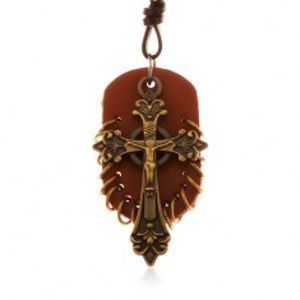 Kožený náhrdelník, přívěsky - hnědý ovál s malými kroužky a keltský kříž Z18.05
