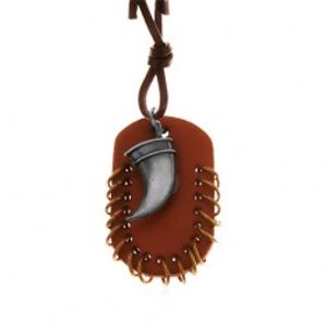 Kožený náhrdelník, přívěsky - hnědý ovál s malými kroužky a zahnutý tesák Z17.04