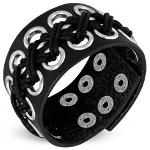 Kožený náramek černé barvy - vyplétané kroužky, zapínání na patent O11.7