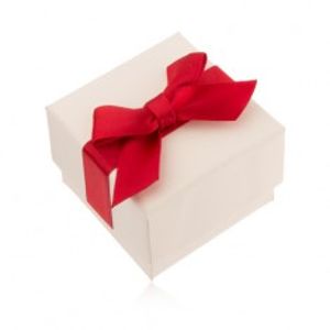 Krémová dárková krabička na prsten, přívěsek a náušnice, červená mašle