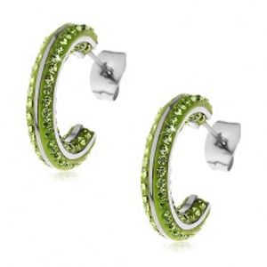 Kruhové ocelové náušnice - malé zelené zirkony, lesklé linie stříbrné barvy AA01.03