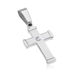 Lesklý ocelový přívěsek stříbrné barvy, berličkový kříž s čirým zirkonem AA34.02
