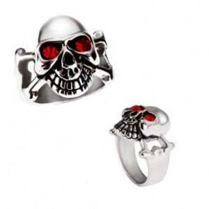 Lesklý ocelový prsten - stříbrná lebka s červenýma očima BB3.11