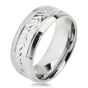 Lesklý ocelový prsten, rýhy, vzor z rozdvojených lístků BB11.16