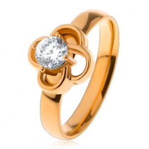 Lesklý ocelový prsten ve zlatém odstínu, obrys kvítku s čirým zirkonem S19.29