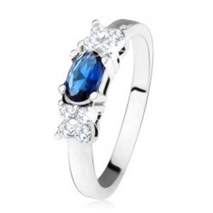 Lesklý prsten - stříbro 925, tmavě modrý oválný zirkon, čtyřlístek, čiré kamínky SP32.01